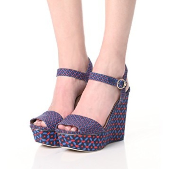 Tory Burch Printed Nautical  Platform Wedge Sandal - Picture 1 of 8